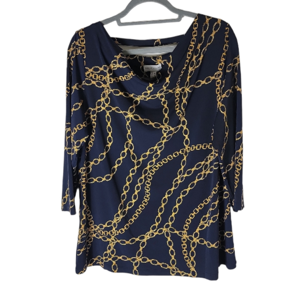 Susan Graver navy blue gold chain print drape neck top women's L 3/4 sleeve